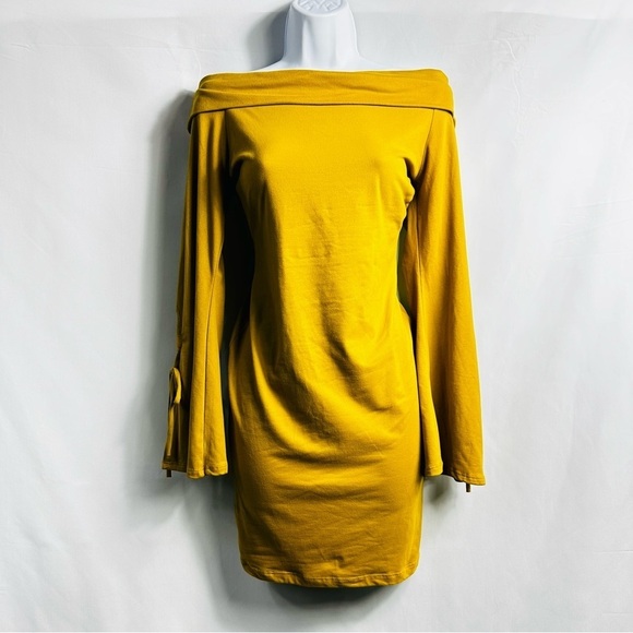 Kafé Design Women’s Sz Large Yellow Off The Shoulder Long Bell Sleeve Dress - Picture 1 of 6